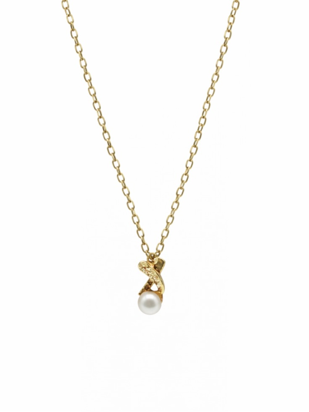 Vintage Gold Tone Faux Pearl X Ribbon Pendant Necklace 17.5 Inch Classic